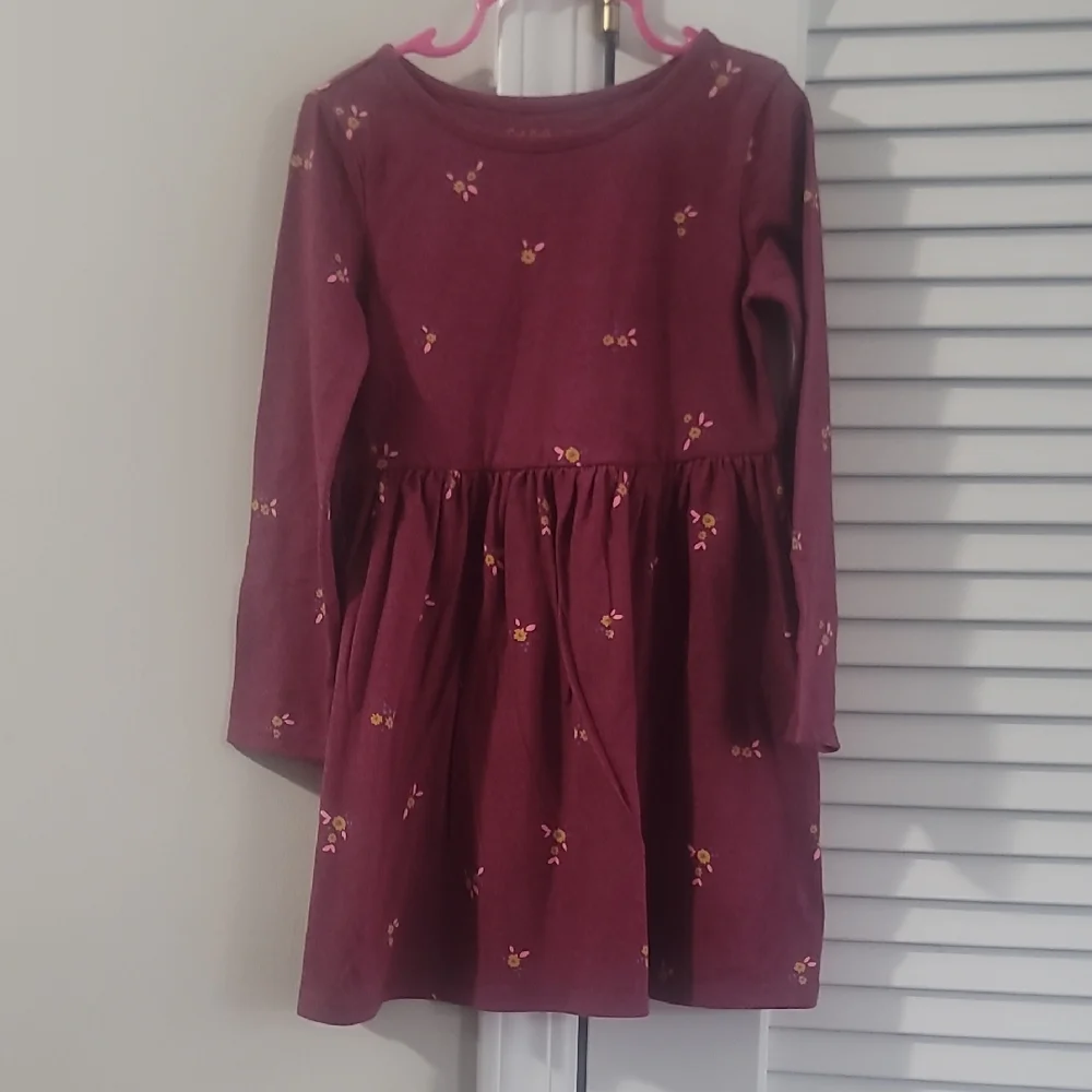 Girls' Long Sleeve Burgundy Floral Knit Dress